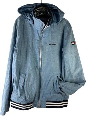Tommy Hilfiger Hooded Jacket Blue Linen y2k Zip Logo Mens Medium hip hop 90s